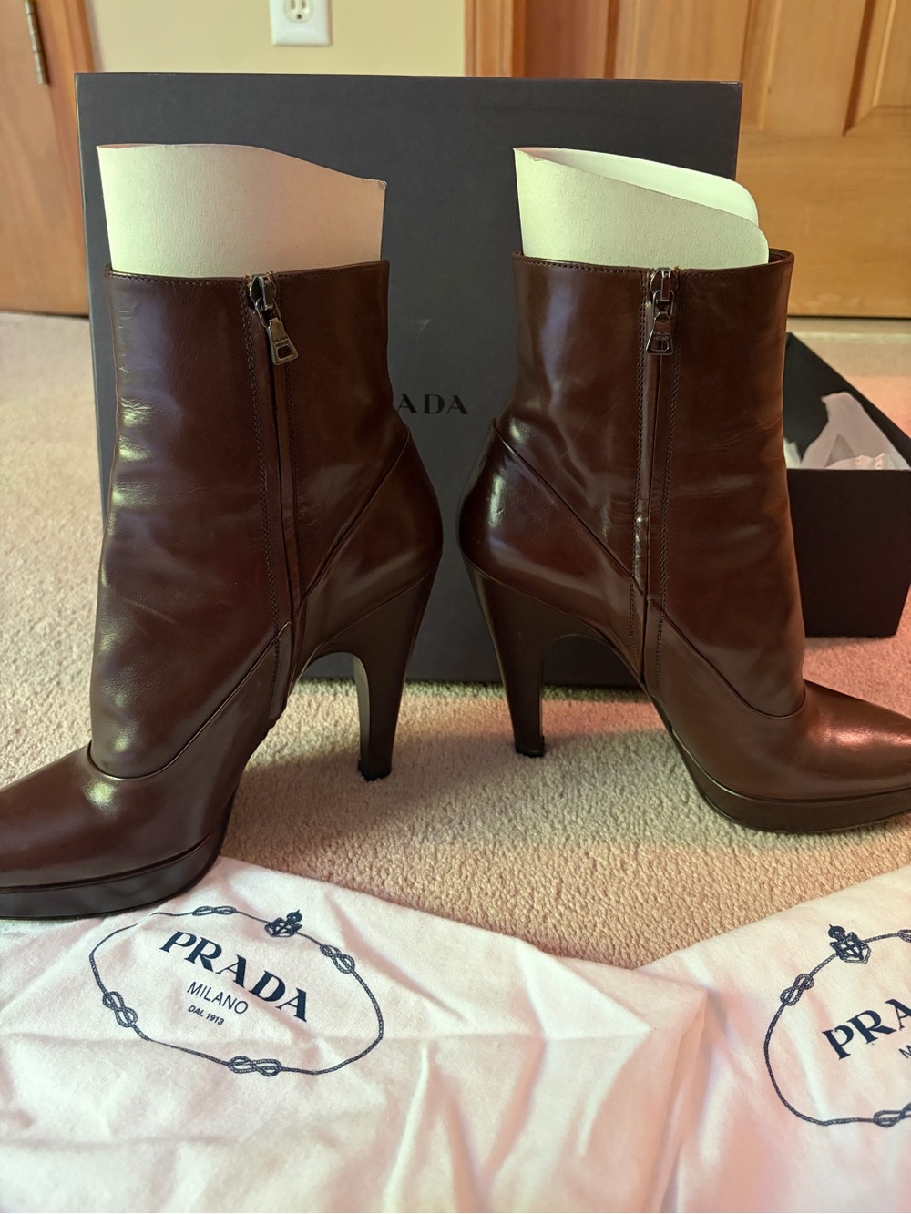 Prada Dark Brown Leather Platform Ankle Boots - Picture 3 of 8